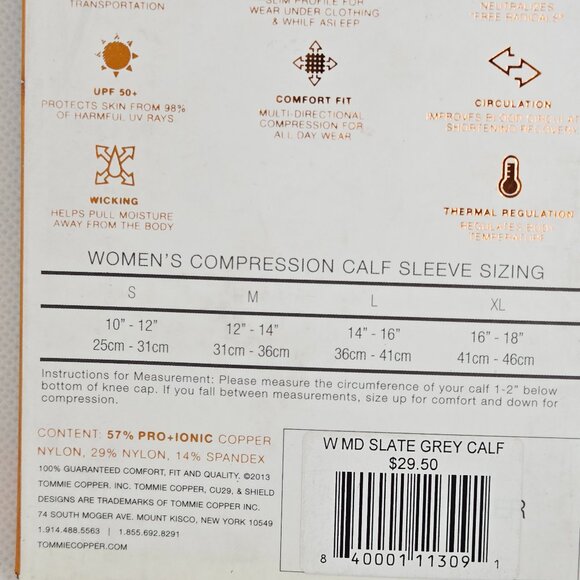 NWT TOMMIE COPPER WOMEN'S COMPRESSION CALF SLEEVE SLATE GREY MEDIUM MSRP $30 - Picture 9 of 10